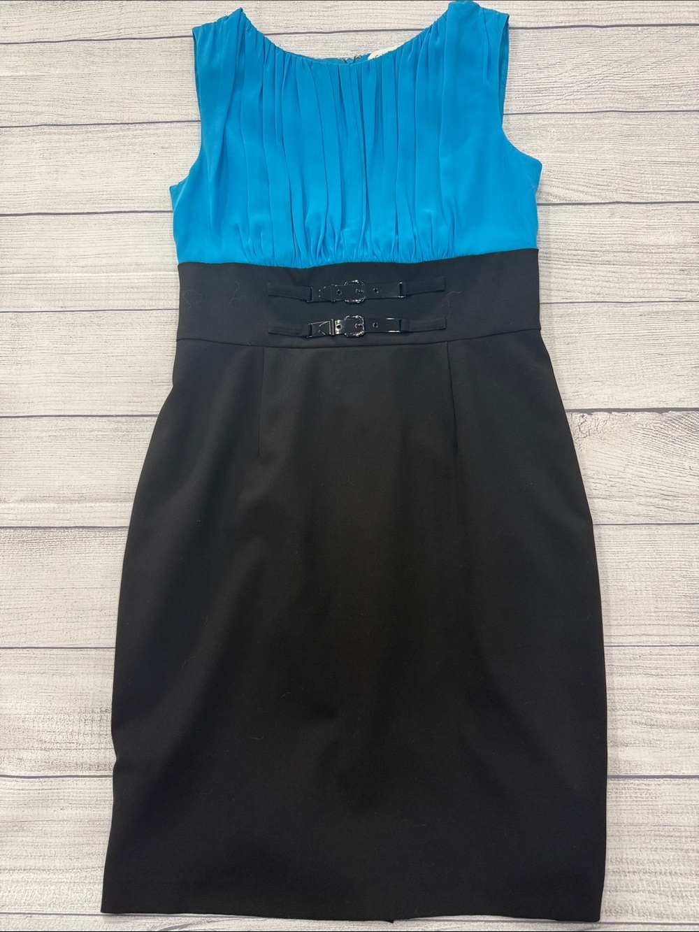 Calvin Klein Colorblock Sheath Dress Blue Black Buckle Waist Size 8 Career